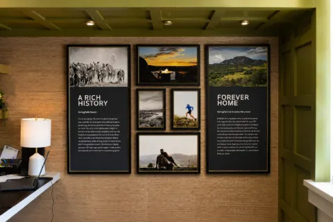 A history wall inside the Stringfield Sales Center telling the story of the Stringfield family's five generations on the land